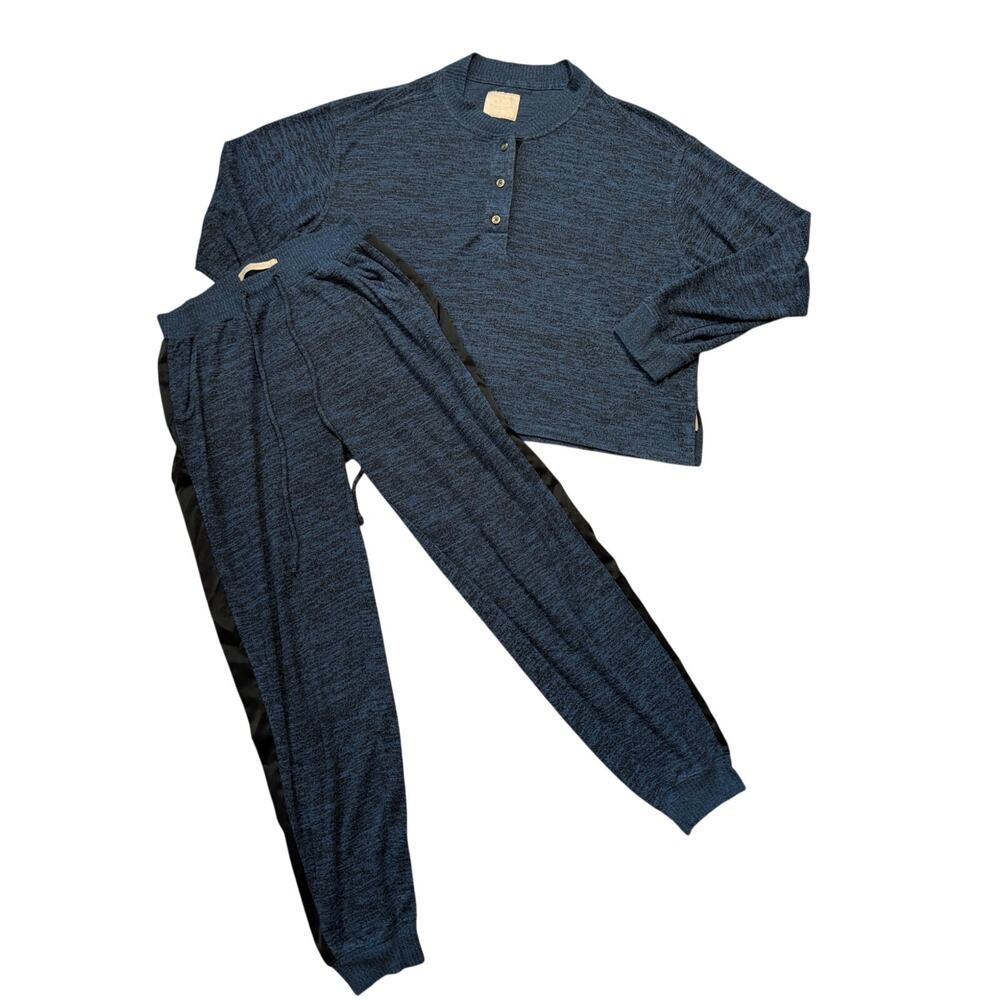 Abercrombie & Fitch Womens Small Blue Knit Pajama Set Henley Top Jogger Pants
